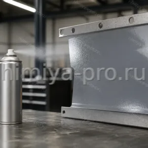 Аэрозольный баллон промышленной спрей-краски 6960/1504 на верстаке у металлической панели с серой эмалью