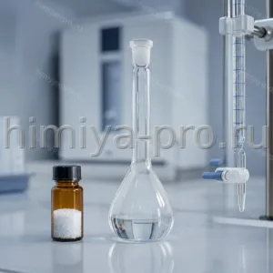 Флакон стандарт-титра с белым порошком и мерная колба бесцветного раствора на лабораторном аналитическом столе