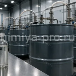 Бочки стабилизированного стирола с инертной подушкой и прозрачная жидкость в колбе на химическом складе