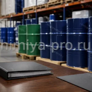 Немаркированные промышленные бочки и папка спецификации на складе химической продукции до уточнения номенклатуры