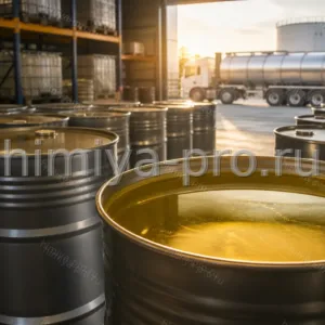Желтоватая фракция альфа-олефинов C16–C18 в стальных бочках на нефтехимическом складе сырья