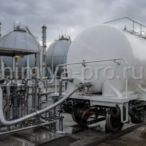 Бесцветный сжиженный С4-газ в железнодорожной цистерне на нефтехимической площадке — сырьё для МТБЭ и полимеризации.