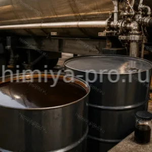 Отработанная углеводородная фракция ФУО: тёмно-янтарная жидкость в стальных бочках на наливной эстакаде нефтехимии.