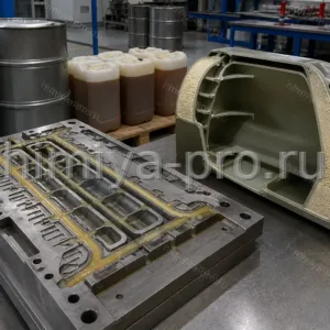 Бочки полиоля и металлическая форма с длинными литниками на линии заливки жёсткого интегрального ППУ с деталью в разрезе.