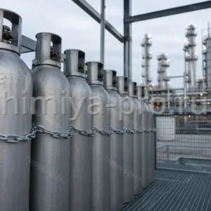 Этилен ГОСТ 25070-2013: баллоны сжатого бесцветного газа C2H4 на площадке нефтехимического производства полиэтилена.