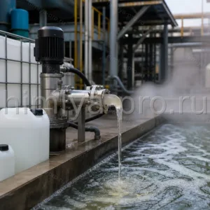 Вязкая светлая жидкость сополимера AA/AMPS 40% у канистр и IBC на объекте водоподготовки и градирен.
