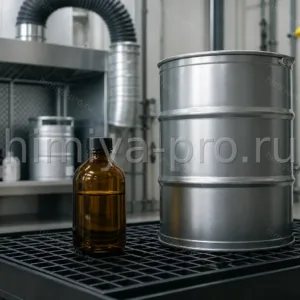 Герметичные бочки и флакон диметилсульфата на складе опасных реагентов с поддоном локализации пролива.
