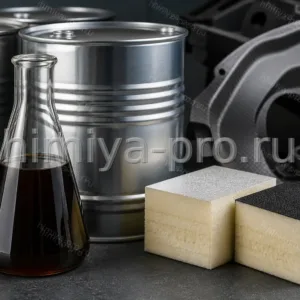 Тёмно-коричневый полимерный MDI марки M-200 в лабораторной колбе и бочках для жёсткого ППУ