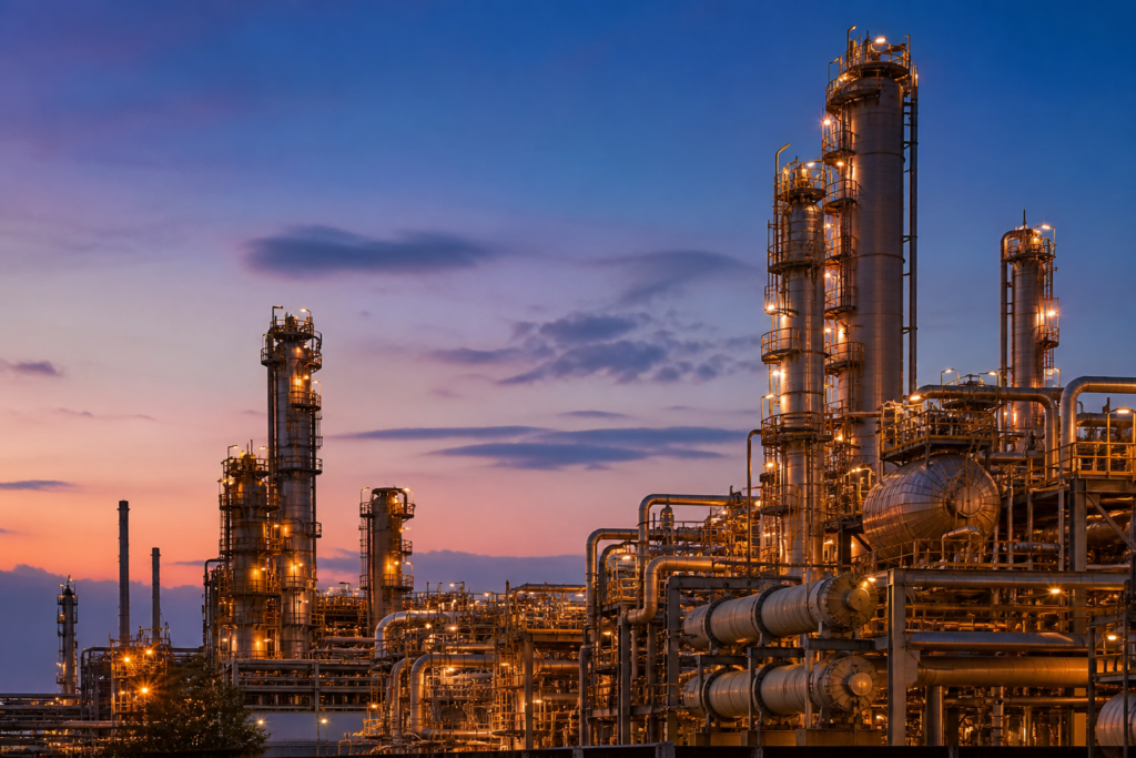 Ректификационные колонны нефтехимического завода вечером: ароматические углеводороды, бензол и сырьё для нефтехимии