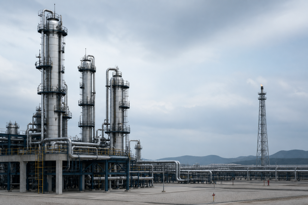 Промышленные колонны и трубопроводы газохимического комплекса — нейтральный вид к теме пожара на пиролизе Амурского ГХК
