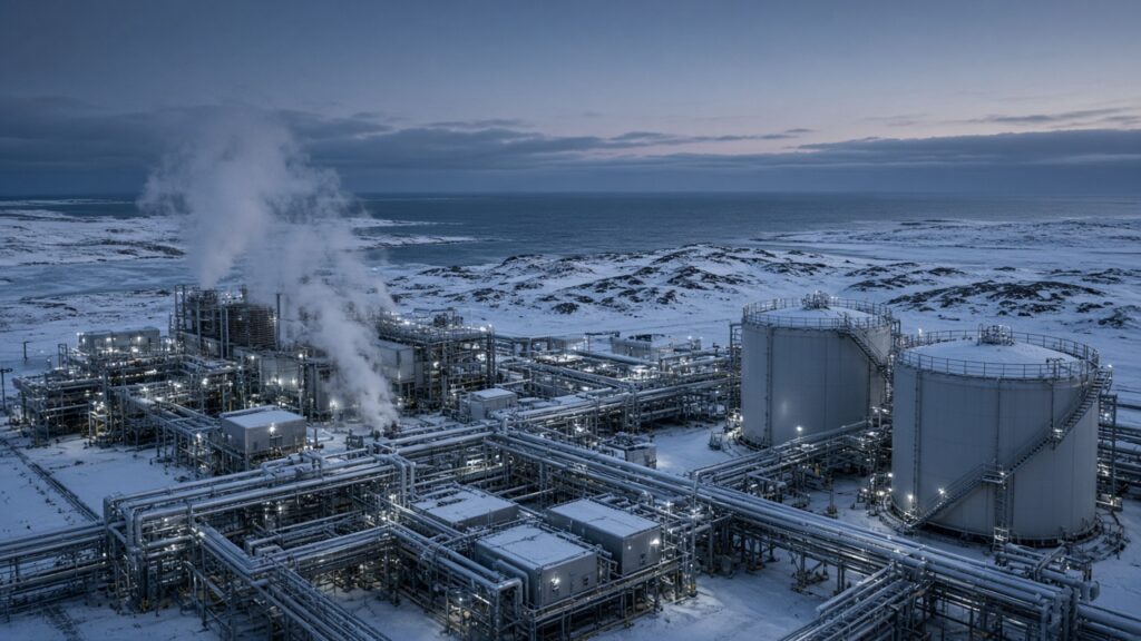 Модульные криогенные линии сжижения природного газа и резервуары СПГ на заснеженном арктическом побережье полуострова Гыдан