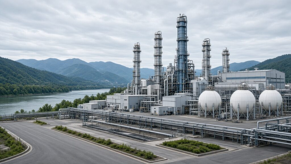 Промышленный нефтехимический комплекс с колоннами пиролиза и резервуарами: отложенный пуск Амурского ГХК