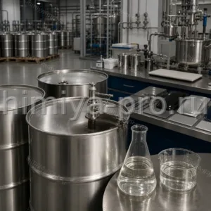 Прозрачный 4-гидроксибутилакрилат в нержавеющих промышленных бочках у стенда 2K-полиуретановых покрытий