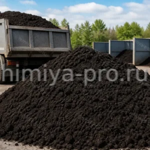 Куча тёмно-чёрного зернистого чернозёма на площадке логистики рядом с самосвалом и контейнерами грунта