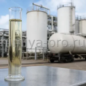 Светлый стабильный газовый конденсат в мерном цилиндре на фоне вертикальных резервуаров и цистерны светлых нефтепродуктов.